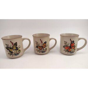 Vintage MCM Butterfly Stoneware Coffee Mugs Tea Cup Set Of 3 Yellow Orange